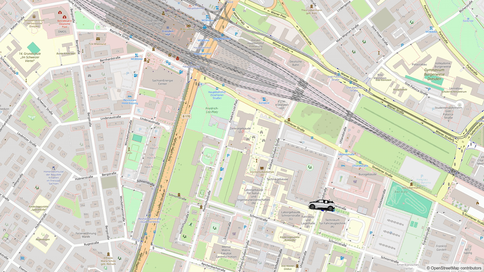 Animierte OSM-Strecke vom HTW-Technikum zum Hauptbahnhof Dresden